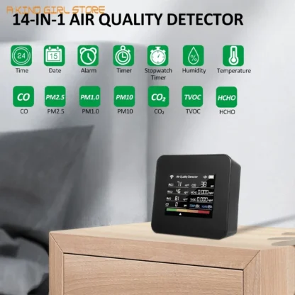 14in1 oro kokybės matuotiklis CO2 CO TVOC HCHO PM2.5 PM1.0 PM10 TRMP su WiFi - Image 2