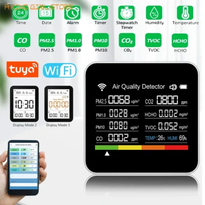 14in1 oro kokybės matuotiklis CO2 CO TVOC HCHO PM2.5 PM1.0 PM10 TRMP su WiFi