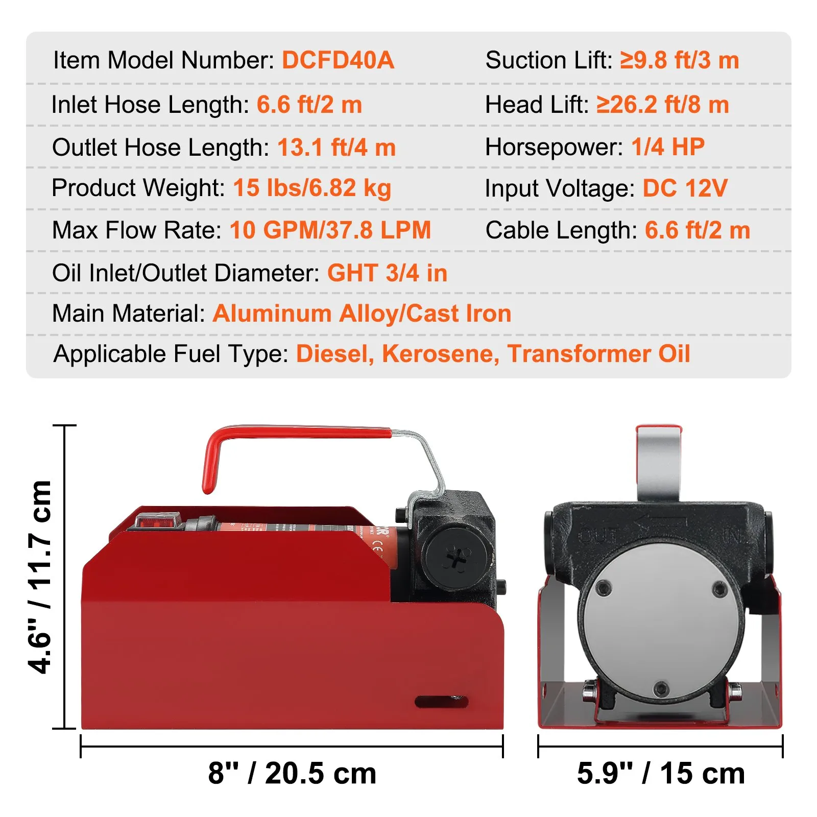 VEVOR 12 V dyzelinio kuro perpumpavimo siurblys iš šono su kuro žarna